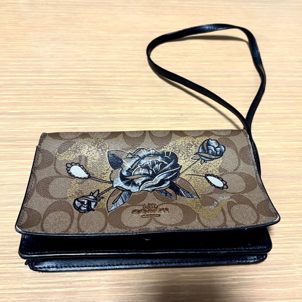 Coach Leather/Canvas Crossbody Bag With Floral Print, Black/Gold/Tan